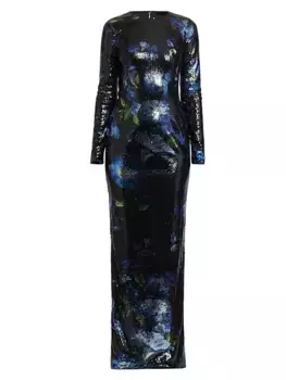 Платье-колонна с цветочным принтом и пайетками Dolce&Gabbana, цвет campanule nero