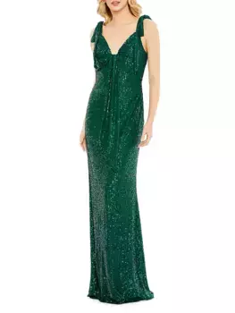 Платье-колонна с пайетками и бантом на плечах Mac Duggal, цвет emerald