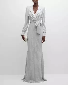 Платье-колонна с пайетками и завязками на талии Badgley Mischka Collection, цвет White