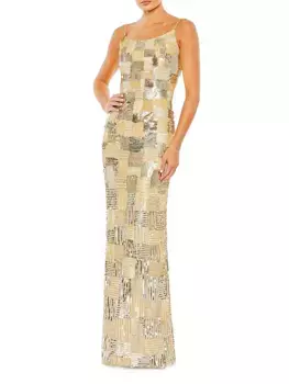 Платье-колонна с пайетками в стиле пэчворк Mac Duggal, цвет beige gold