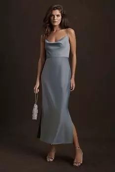 Платье-комбинация BHLDN Cali миди с воротником-хомутом, пыльно-синий