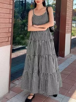 Платье-комбинация Dazy Star, клетчатый узор, оборки/рюши Dazy, черно-белый