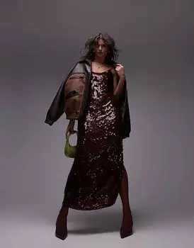 Платье-комбинация макси премиум-класса с пайетками цвета oxblood Topshop