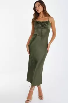 Платье-комбинация миди цвета хаки с атласом QUIZ Clothing