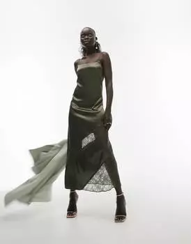 Платье-комбинация миди цвета хаки с кружевными вставками Topshop Petite