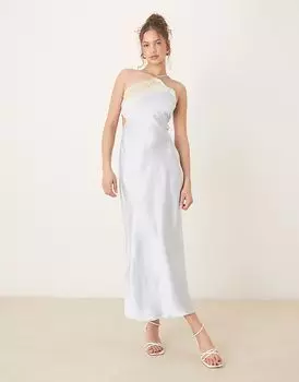 Платье-комбинация миди с асимметричным лифом и кружевом ASOS DESIGN нежно-голубого цвета