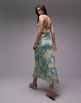 Платье-комбинация миди с бретелями Topshop из зеленого жоржета с принтом