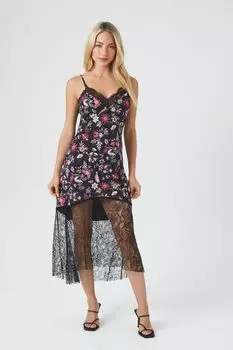 Платье-комбинация миди с цветочным принтом Forever 21, черный