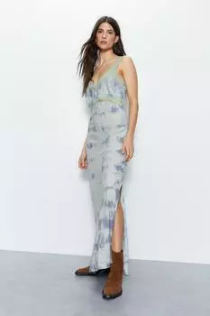 Платье-комбинация миди с кружевной отделкой и принтом тай-дай Warehouse, синий