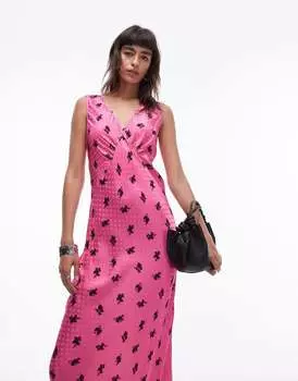 Платье-комбинация миди с V-образным вырезом Topshop с жаккардовым цветочным принтом