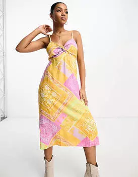 Платье-комбинация миди с закрученным передом и разноцветным принтом в виде шарфа Miss Selfridge