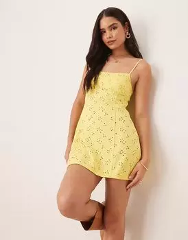 Платье-комбинация мини Free People с ажурным узором в цвете банановый кремовый желтый