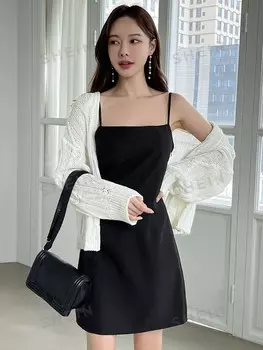 Платье-комбинация, Однотонное, без кардигана Dazy, черный