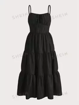 Платье-комбинация, Однотонное, подвернутая грудь, рюши/рюши Romwe, черный