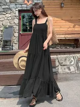 Платье-комбинация, Однотонное, с оборками/рюшами Dazy, черный