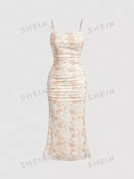 Платье-комбинация плиссированное Shein Mod с рюшами по подолу, желтый