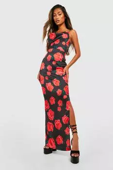 Платье-комбинация с цветочным асимметриком Boohoo, черный