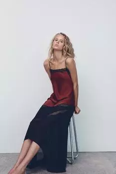 Платье-комбинация с контрастным кружевом ZARA, темно-бордовый