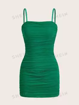 Платье-комбинация Shein Ezwear со сборками, зеленый