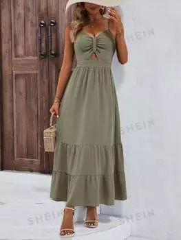 Платье-комбинация Shein Lune с вырезом и рюшами на подоле, зеленый