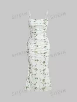 Платье-комбинация Shein Mod с рюшами по подолу, зеленый