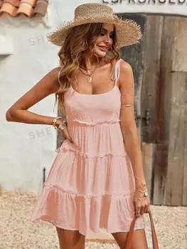 Платье-комбинация Shein Vcay с многоуровневым подолом, розовый