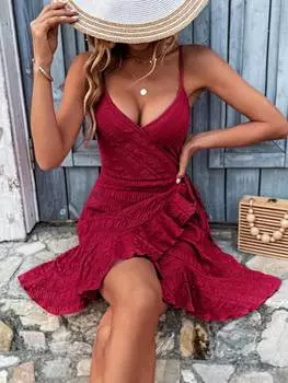 Платье-комбинация Shein Vcay с оборками по краю, красный