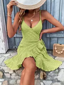 Платье-комбинация Shein Vcay с оборками по краю, лаймово-зеленый