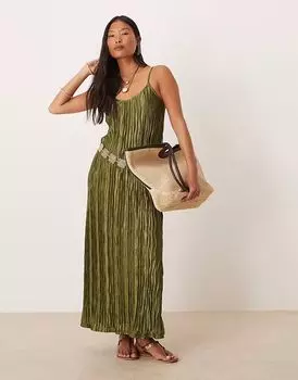 Платье-комбинация Vila Petite плиссированное ками макси оливкового цвета