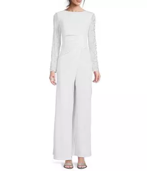 Платье-комбинезон из эластичного крепа Marina с длинными рукавами из бисера и круглым вырезом, белый