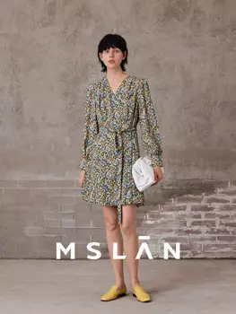 Платье короткое Mslan с V-образным вырезом и высокой талией, горчично-желтый