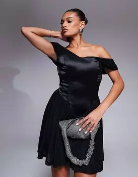 Платье-корсет мини-платье Savannah из атласа и сетки с пышной грудью и открытыми плечами черного цвета Taideux