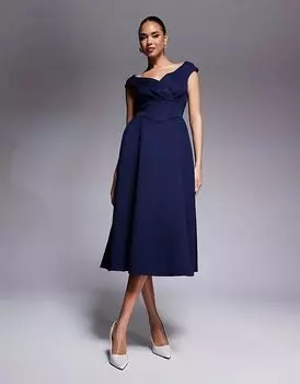 Платье-корсет с расклешенным лифом миди темно-синего цвета Goddiva