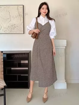 Платье Kpop 2 в 1, принт «гусиные лапки», завязывается сбоку Dazy, кофейно-коричневый