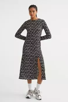Платье крест-накрест из джерси H&M, черный/маленькие цветы