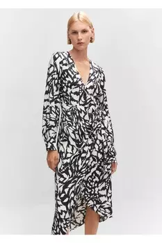 Платье кроя с запахом и узором Mango, черный