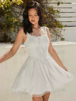 Платье кружевное Shein WYWH с завязками на талии, белый