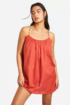 Платье льняное Boohoo с бретельками из бисера, красно-оранжевый