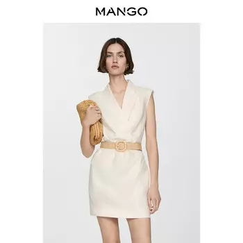 Платье льняное Mango с V-образным вырезом и короткими рукавами, белый