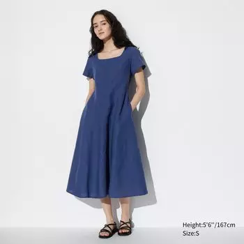 Платье льняное Uniqlo с квадратным вырезом и короткими рукавами, синий