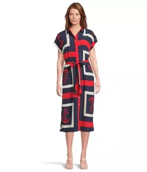 Платье Lauren Ralph Lauren Anchor-print Belted Crepe Shirtdress, синий мульти