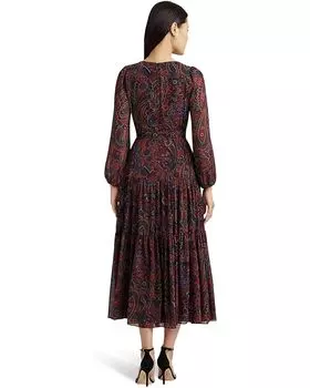 Платье LAUREN Ralph Lauren Checked Paisley Belted Georgette Dress, цвет Red/Black/Multi