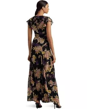 Платье LAUREN Ralph Lauren Floral Belted Crinkle Georgette Gown, цвет Black/Tan/Multi