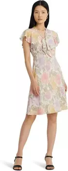 Платье LAUREN Ralph Lauren Floral Bubble Crepe Tie-Neck Dress, цвет Cream Multi