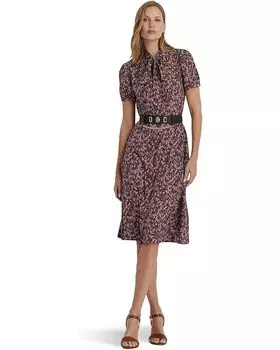 Платье LAUREN Ralph Lauren Floral Crepe Tie Neck Shirtdress, темно-синий
