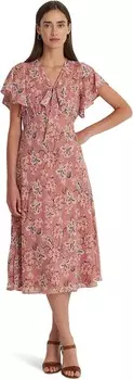 Платье LAUREN Ralph Lauren Floral Crinkle Georgette Tie-Neck Dress, цвет Pink Multi