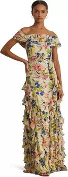 Платье Lauren Ralph Lauren Floral Georgette Off-the-Shoulder Gown, цвет Cream/Blue Multi