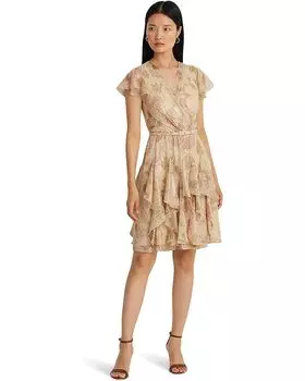 Платье LAUREN Ralph Lauren Floral Metallic Chiffon Cocktail, кремовый