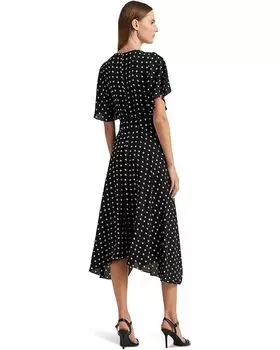 Платье LAUREN Ralph Lauren Geo-Print Crepe Flutter-Sleeve Dress, цвет Black/Tan