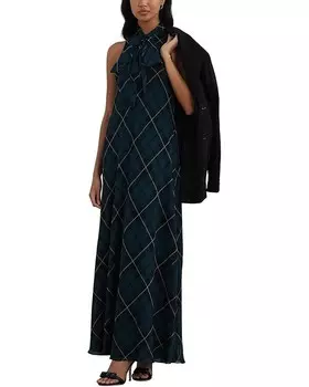 Платье Lauren Ralph Lauren Plaid Crinkle Georgette Tie-Neck Gown, цвет Blue/Black/Green
